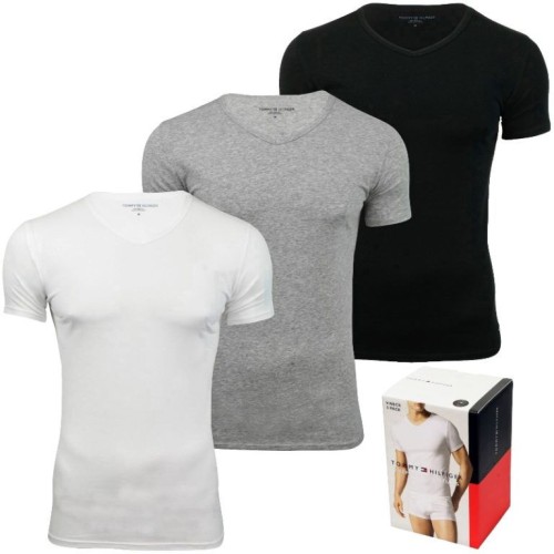 Pánske tričká Tommy Hilfiger V-Neck Tee SS sivé, biele a čierne 3-pack